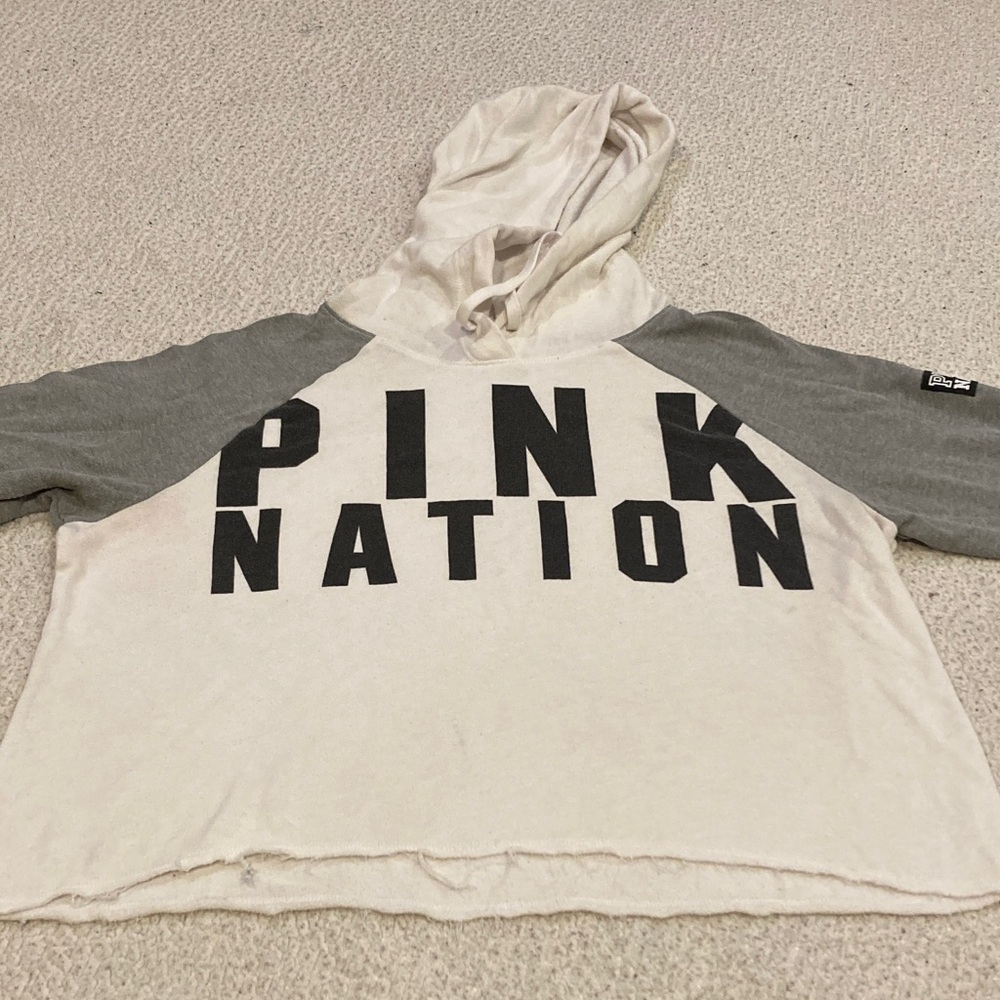 Womens Pink Victoria Secrret crop top long sleeve shirt Gray and White